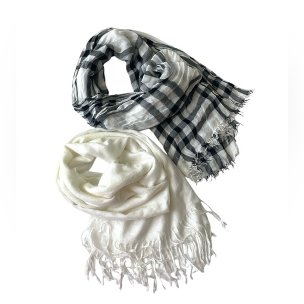 Lot of 2 pcs: 1 Black-White Plaid Scarf and 1 Solid White Scarf